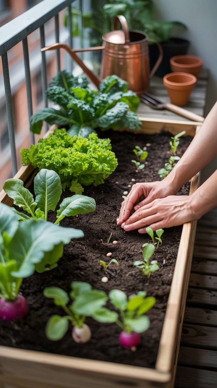 A small, elevated planter box on a balcony, filled with leafy greens and root vegetables. A person’s hands are seen planting seeds, showing the process of growing fresh produce in a tiny space. A watering can sits nearby, adding to the organic gardening aesthetic.