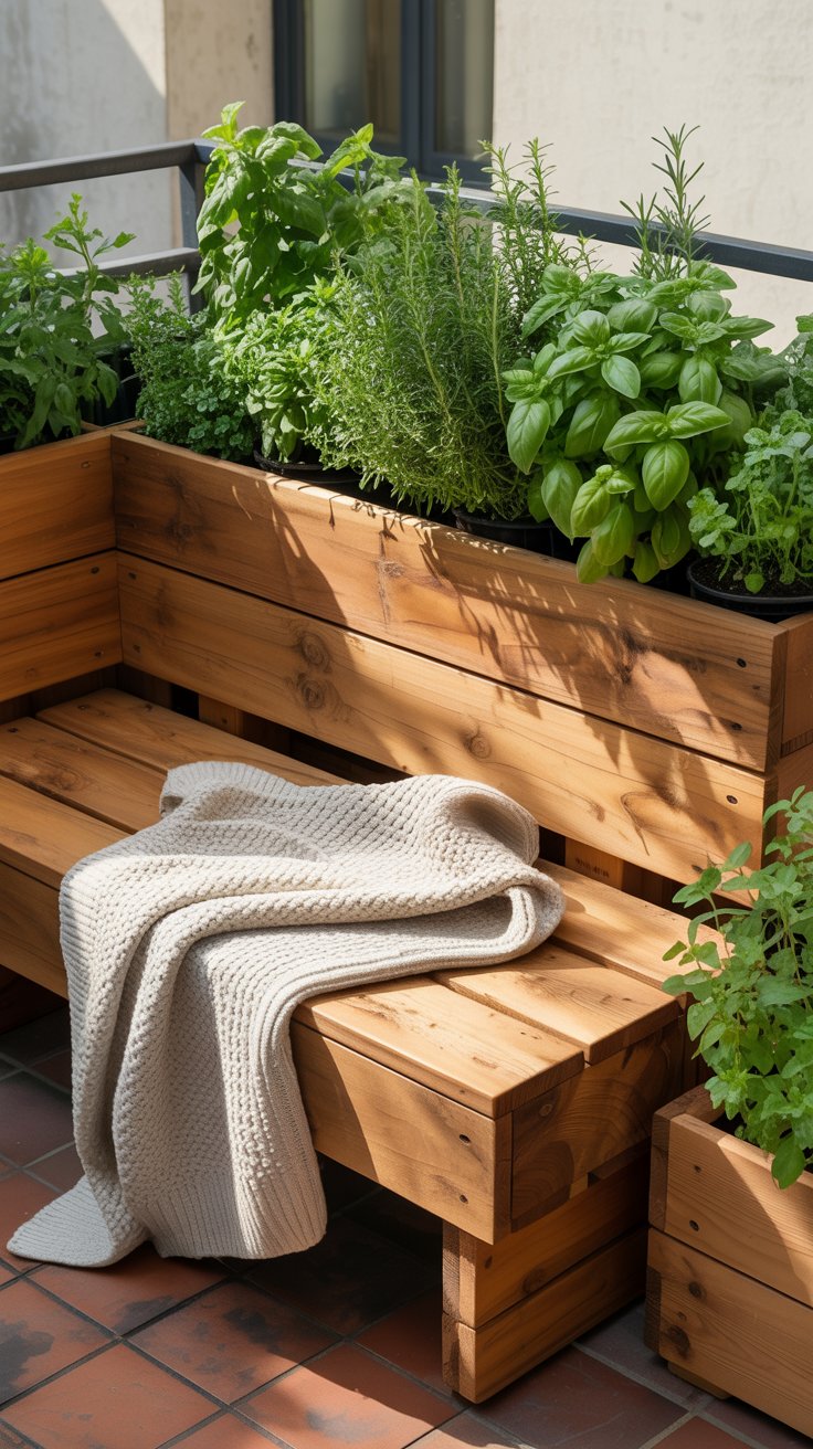 A wooden bench with built-in planter boxes on each side, filled with vibrant green herbs. The dual-purpose furniture provides seating and gardening space, making it perfect for small balconies. A cozy throw blanket drapes over one end, inviting relaxation.