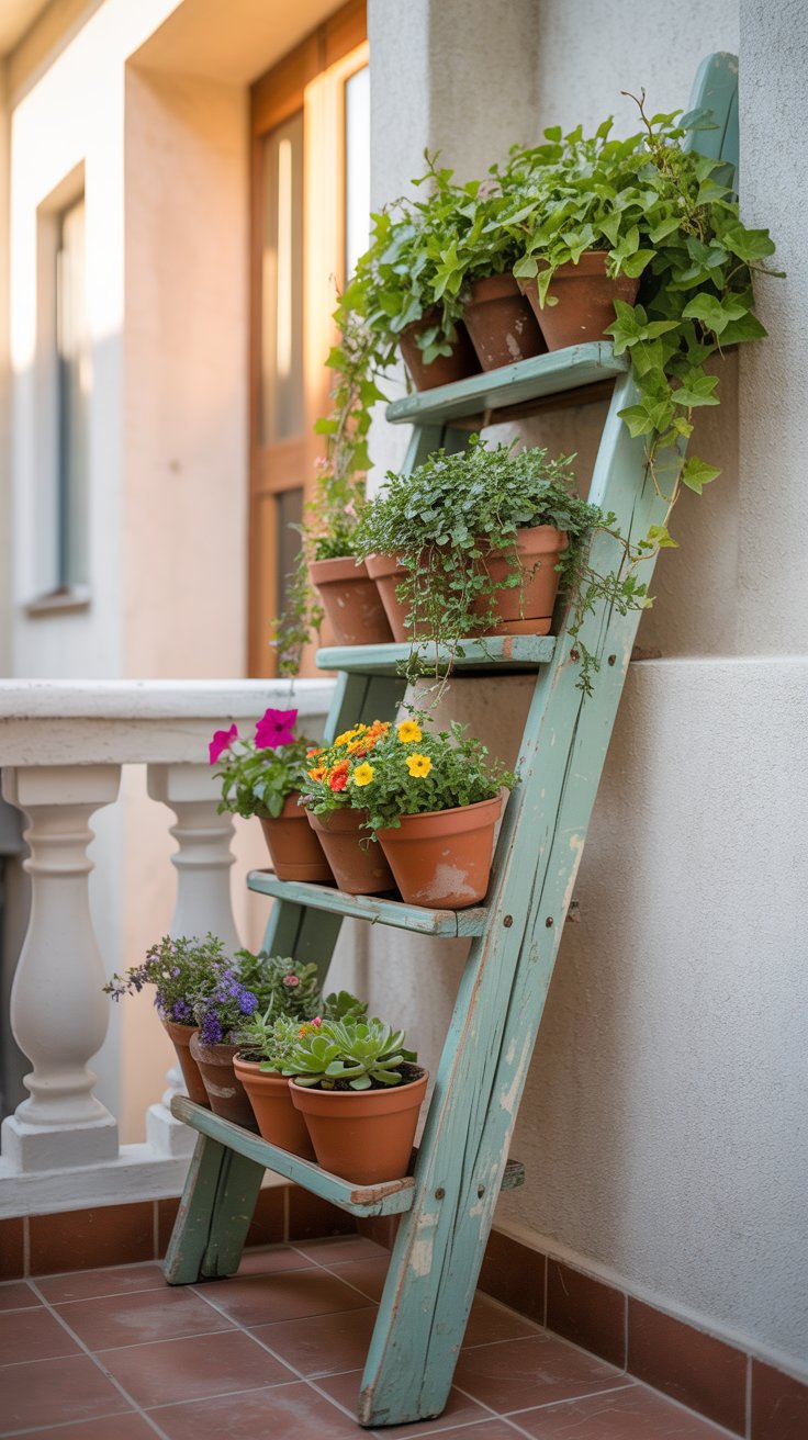 A repurposed wooden ladder leaning against a balcony wall, with potted plants placed on each rung. The ladder is painted in a soft pastel shade, adding a decorative touch while serving as a space-saving planter.