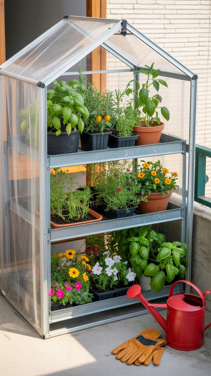 A compact mini greenhouse made of clear plastic and metal shelves, neatly arranged on a balcony corner. Small potted vegetables, herbs, and flowers thrive inside, protected from harsh weather. A watering can and gardening gloves sit nearby.