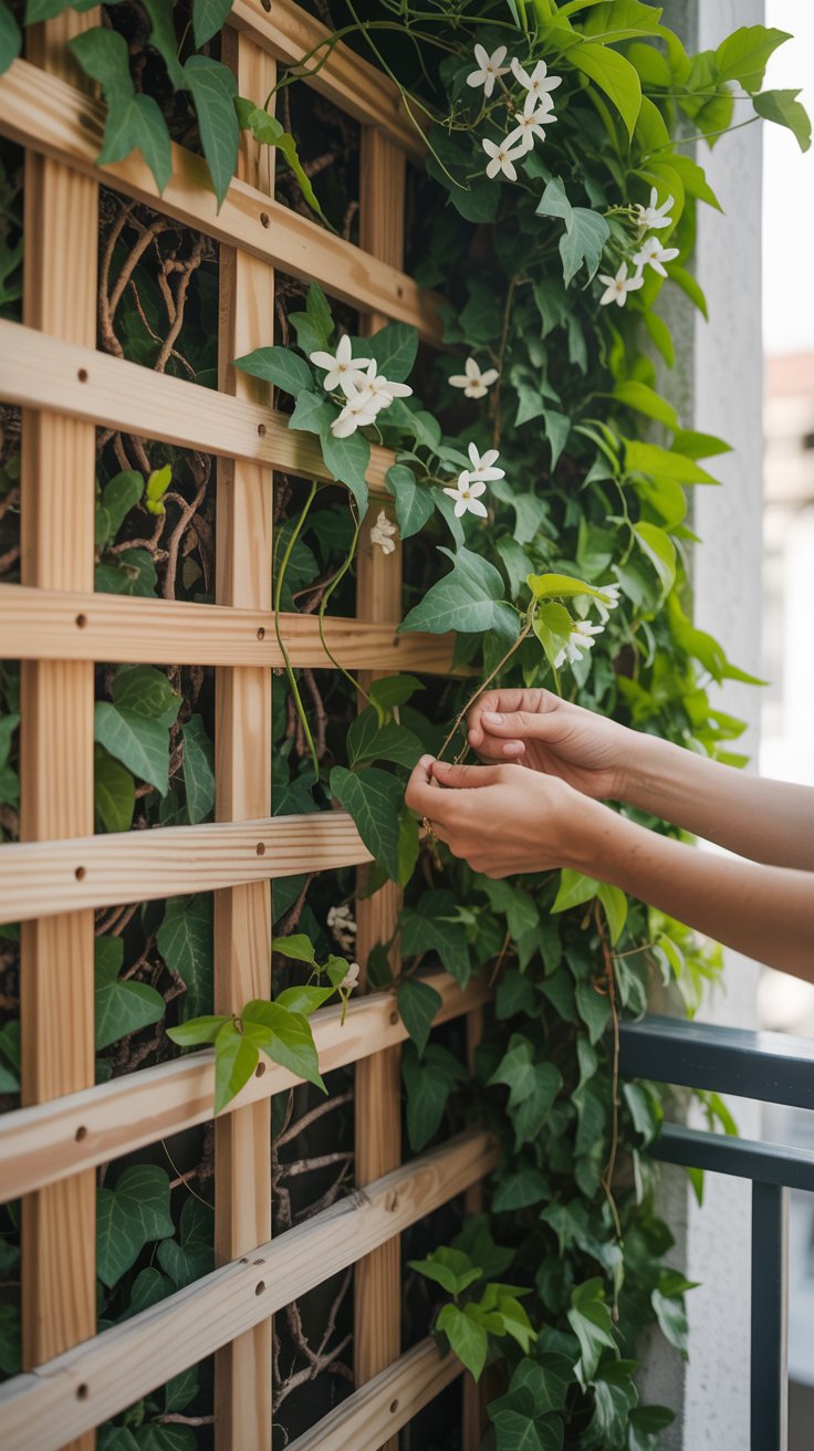 A simple wooden trellis attached to a balcony railing, supporting climbing plants like jasmine and ivy. The lush greenery creates a sense of privacy while adding beauty to the small outdoor space. A person gently ties a vine to the trellis.