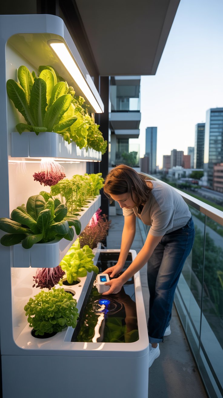 A sleek hydroponic system on a modern apartment balcony, featuring small leafy greens growing in water-filled tubes. The setup is compact and efficient, with minimal soil needed. A person checks the nutrient levels in the water reservoir.