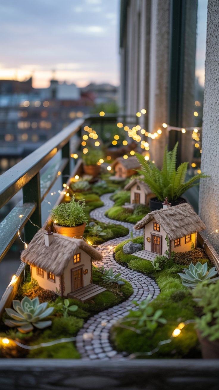 A charming miniature fairy garden on a balcony railing. The scene includes tiny moss-covered houses, a pebble pathway, and small potted ferns arranged in a shallow wooden tray. Delicate fairy lights twinkle in the background, adding a magical touch. The balcony setting shows a city skyline blurred in the distance.