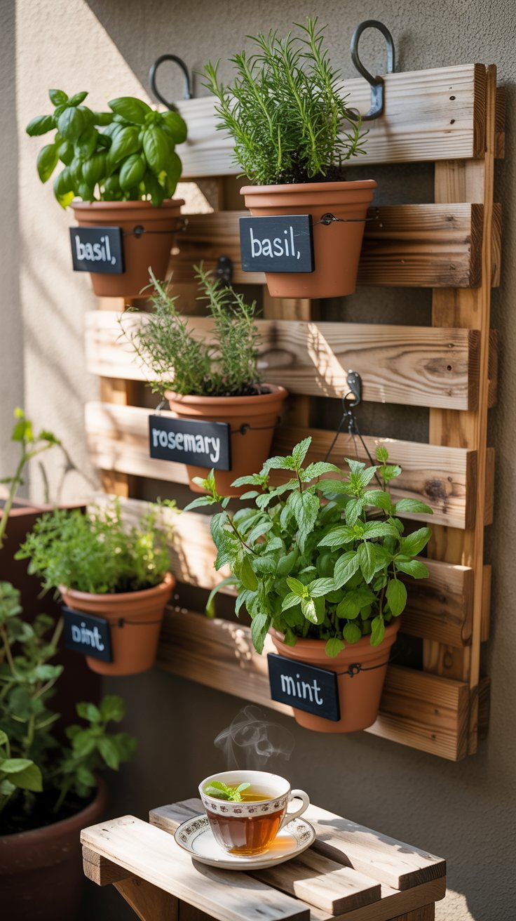 A beautiful DIY herb wall on a small apartment balcony. The vertical planter is made from a wooden pallet, with terracotta pots hanging from hooks. Each pot has a small chalkboard label with herbs like basil, rosemary, and mint. The scene is bathed in natural light, and a cup of tea sits on a nearby table, showing the fresh herbs in use.