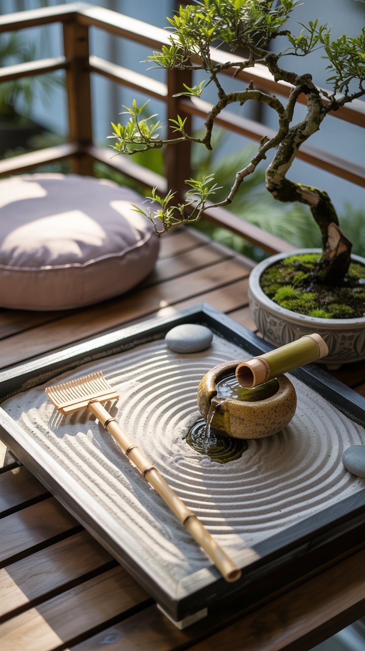 A peaceful Zen garden on a small balcony, featuring a shallow tray filled with fine white sand and a wooden rake resting on the edge. A small bonsai tree sits beside the tray, with smooth river rocks arranged around it. A compact bamboo water fountain trickles gently, and a soft cushion invites relaxation in the corner. The muted tones and natural elements create a serene, meditative atmosphere.