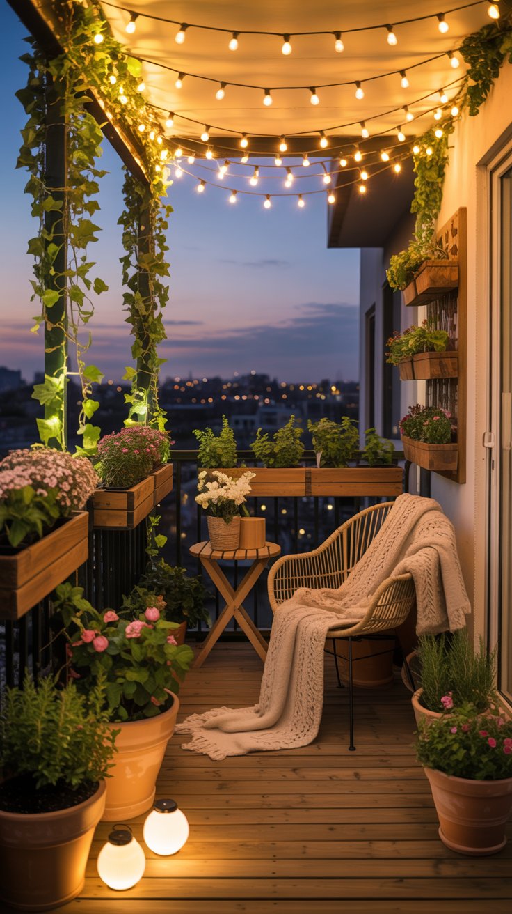 A warm and inviting balcony garden at dusk, illuminated by hanging string lights. Potted plants and ivy cascade from vertical planters, while solar lanterns rest on the balcony floor. A cozy chair with a soft throw blanket is positioned near a small table, creating the perfect spot for evening relaxation. The city lights twinkle in the distance, adding to the ambiance.