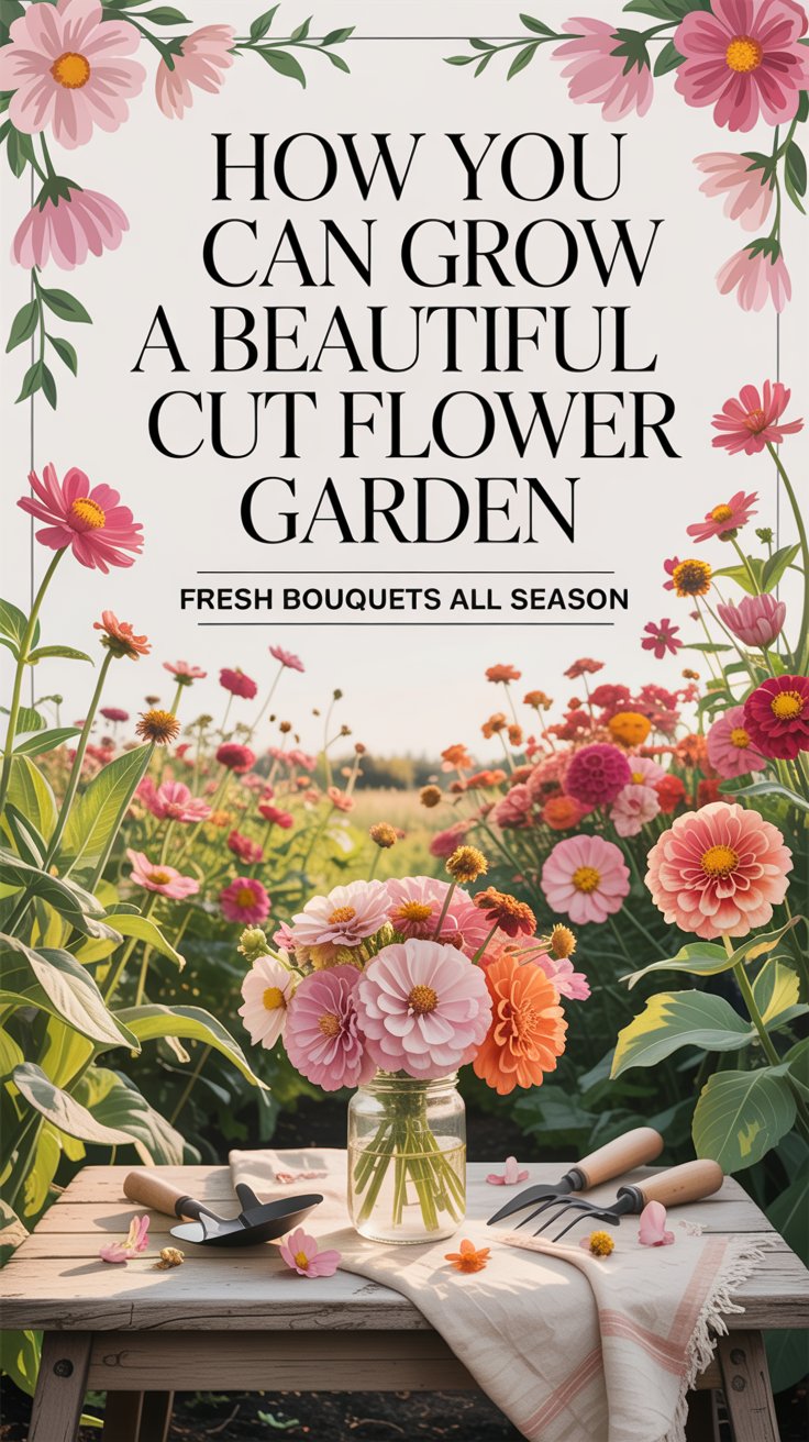 cut flower garden with zinnias, cosmos, and dahlias in the background, a rustic farmhouse table with a mason jar bouquet