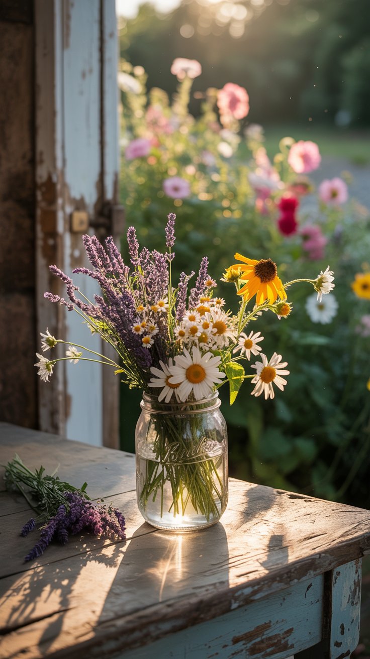 A rustic mason jar filled with freshly cut flowers sitting on a farmhouse table, soft sunlight pouring through the window, with a garden full of blooming flowers just outside the door waiting for you to step out and pick your next bouquet.