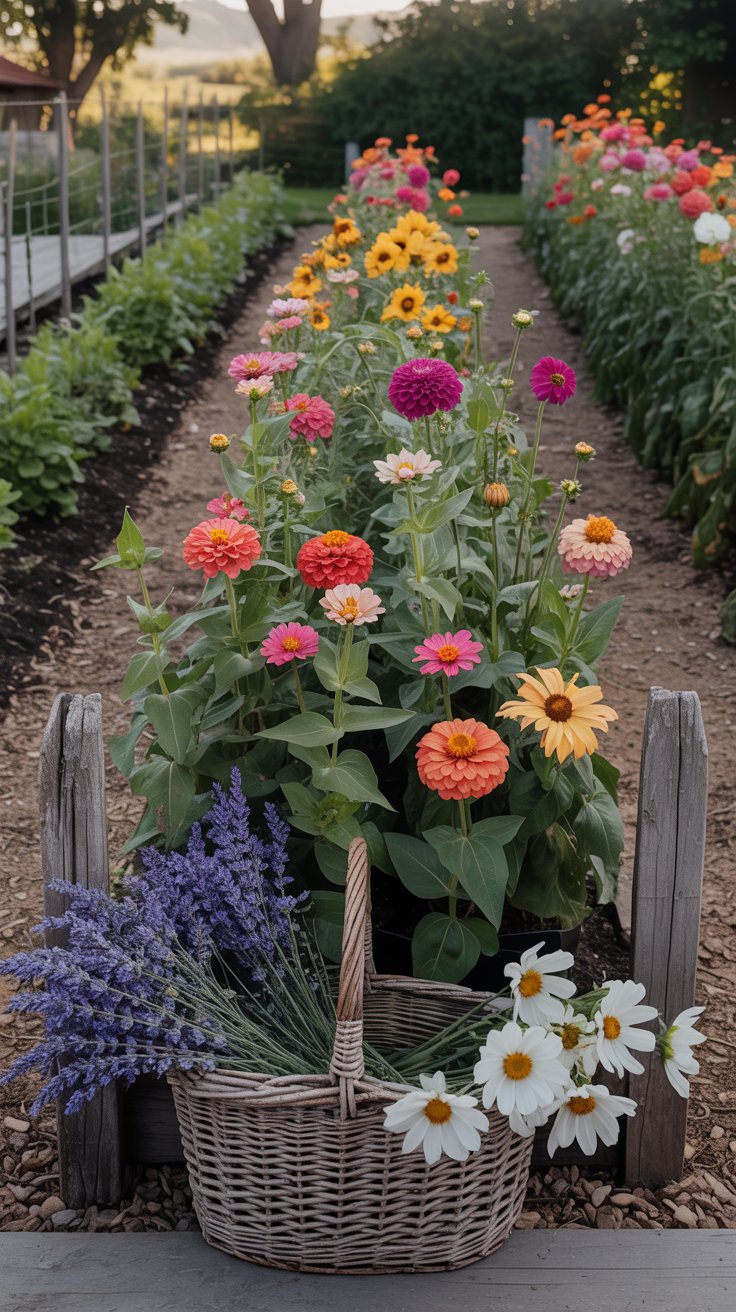 Rows of colorful cut flowers in different stages of bloom, with a rustic garden layout and a few freshly cut stems resting in a basket, ready to be brought inside and arranged into a bouquet.