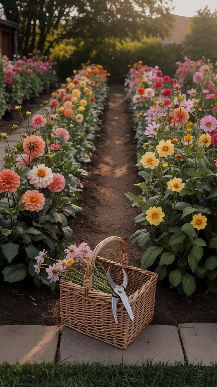 A sunny backyard garden filled with rows of blooming flowers, soft golden light shining across the petals, with a simple pathway leading to a small cutting basket sitting nearby, ready for your next bouquet.