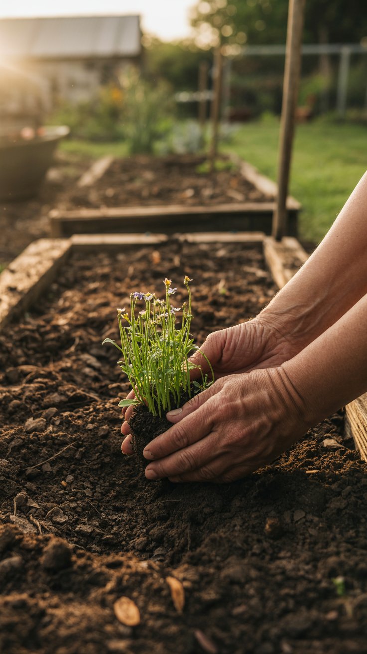 Soft, freshly turned soil mixed with dark compost, sunlight warming the garden bed, and a pair of hands gently planting young flowers into rich earth, with a peaceful, lived-in homestead garden feeling all around you.