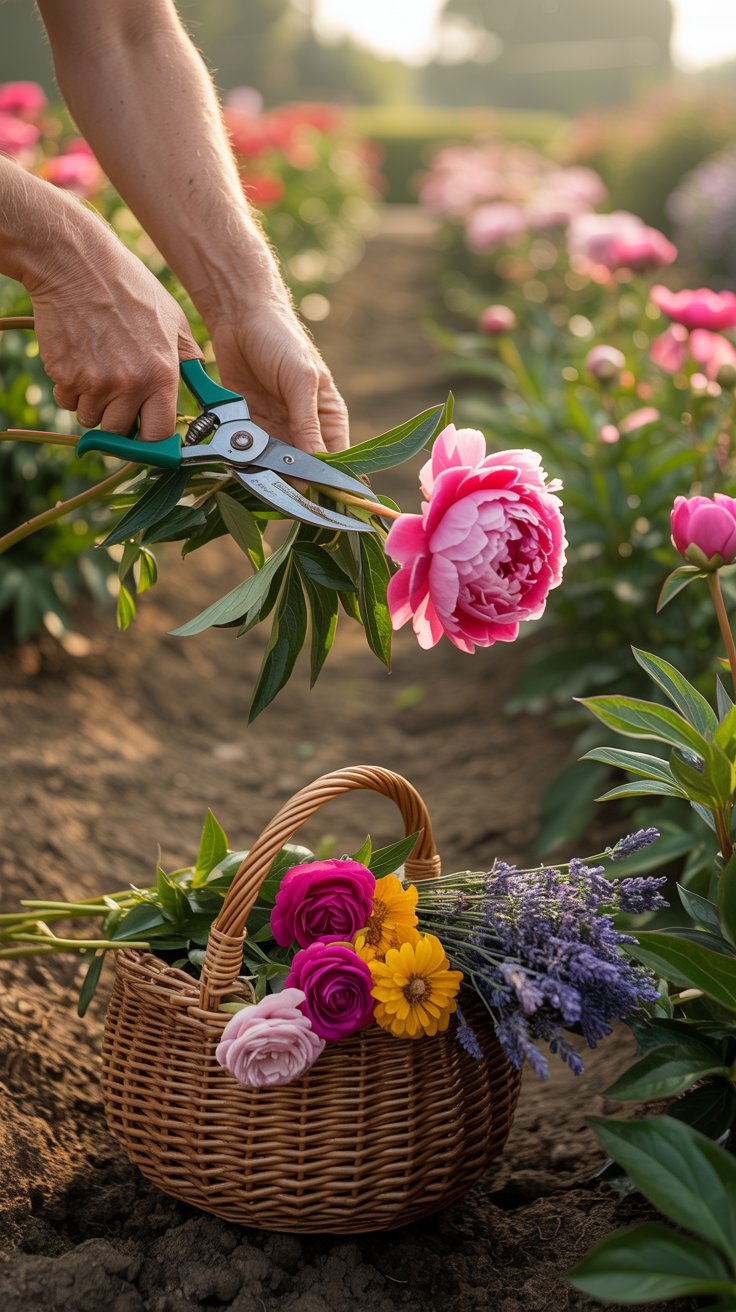 A pair of hands gently snipping a fresh flower from a blooming garden, a basket filled with colorful stems sitting nearby, with healthy green plants stretching across the garden under soft sunlight as your flowers continue to bloom and flourish all season long.