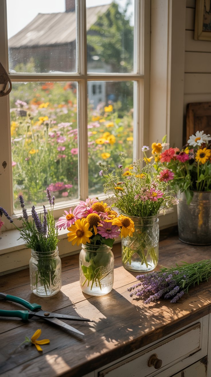 A cozy homestead kitchen with fresh-cut flowers in mason jars, soft light coming through the window, and a full, blooming garden just outside as you gather stems and enjoy the beauty you have grown right at home.
