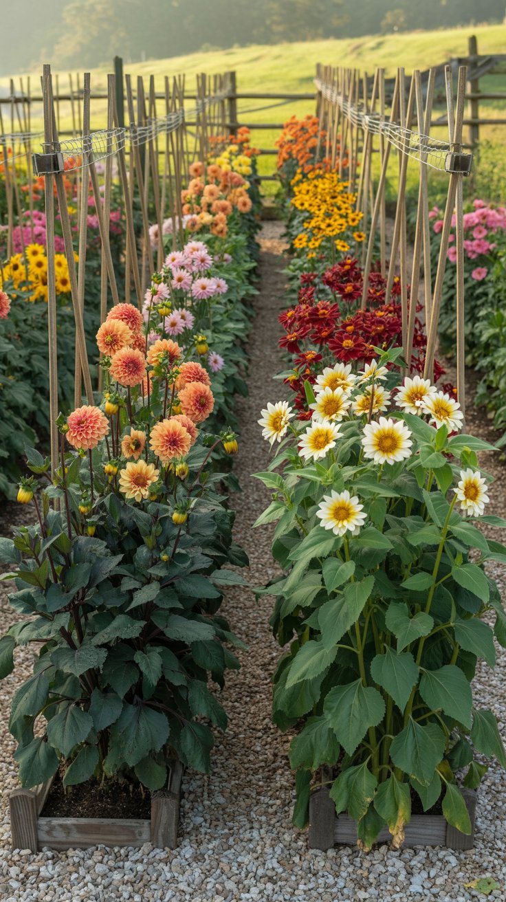 A thriving cut flower garden with tall, supported blooms standing strong, evenly spaced plants soaking up sunlight, and healthy green growth stretching across the garden as everything grows in harmony under your care.