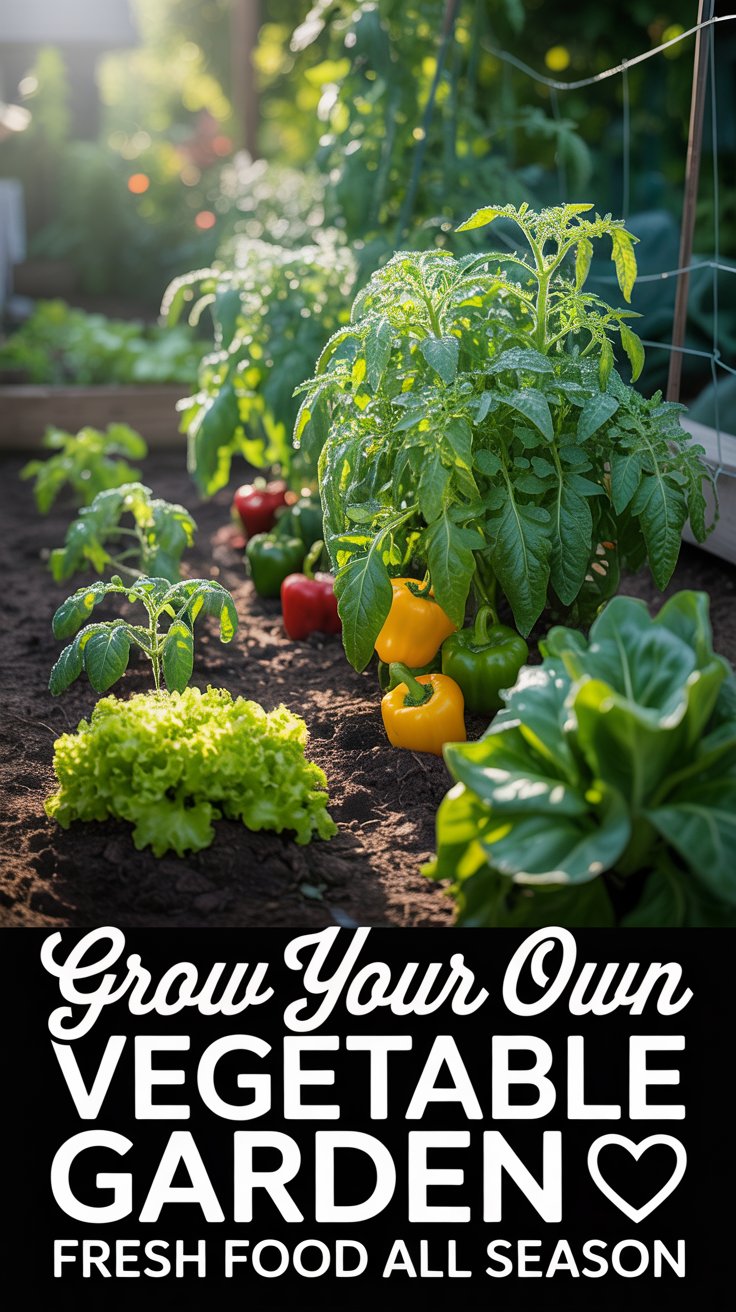 Beginner vegetable garden with fresh green plants and bold text overlay about growing your own food all season