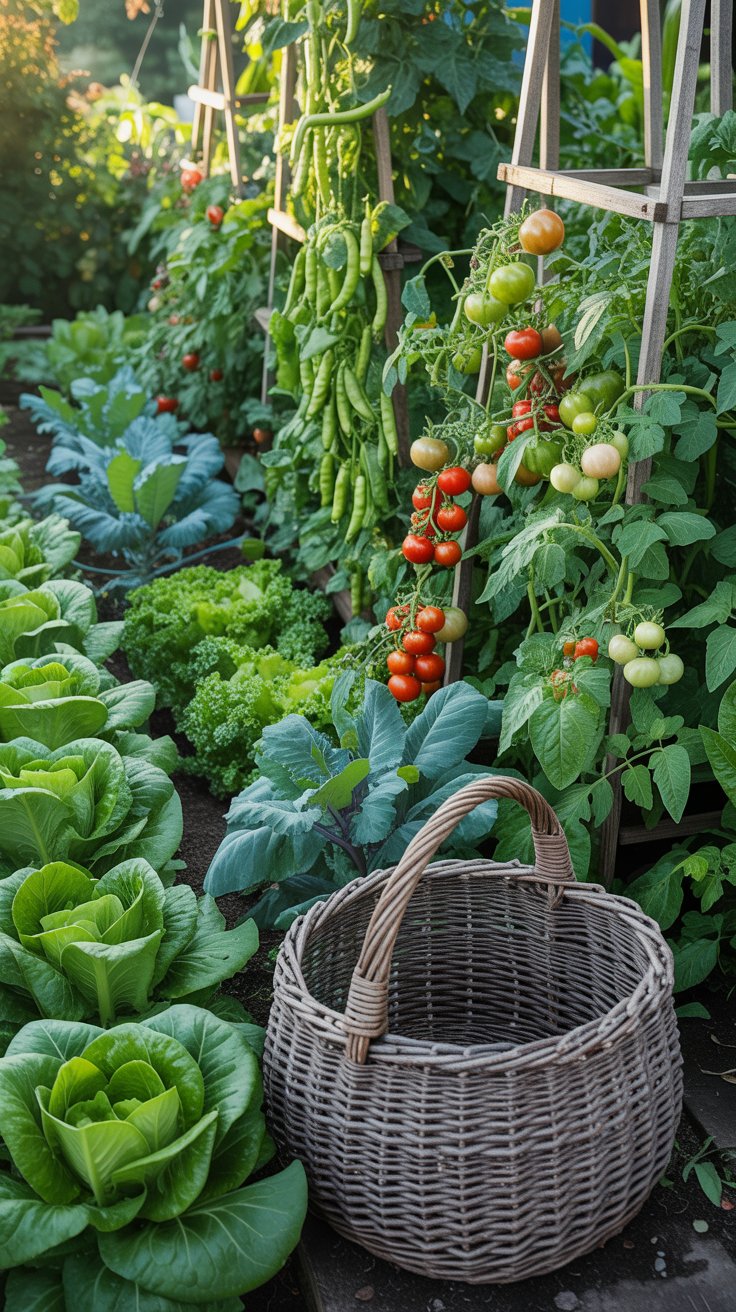 A thriving vegetable garden filled with leafy greens, climbing beans, and ripening tomatoes, with a rustic basket sitting nearby ready to be filled with fresh vegetables picked straight from your garden.