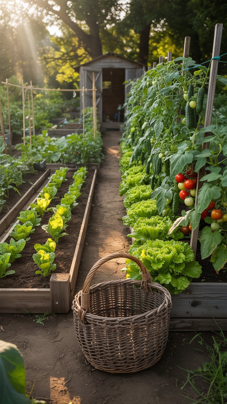 A sunny backyard vegetable garden with rows of green plants soaking up the light, a simple path leading through the garden, and a basket sitting nearby ready to be filled with fresh vegetables as you step outside and start your day.