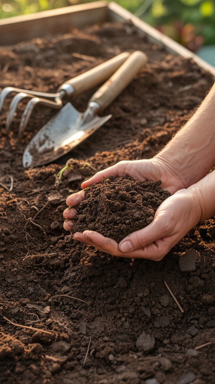 Fresh, dark soil that has just been turned and mixed with compost, soft and ready for planting, with your hands in the dirt and everything set up for a season of growing fresh vegetables right outside your door.