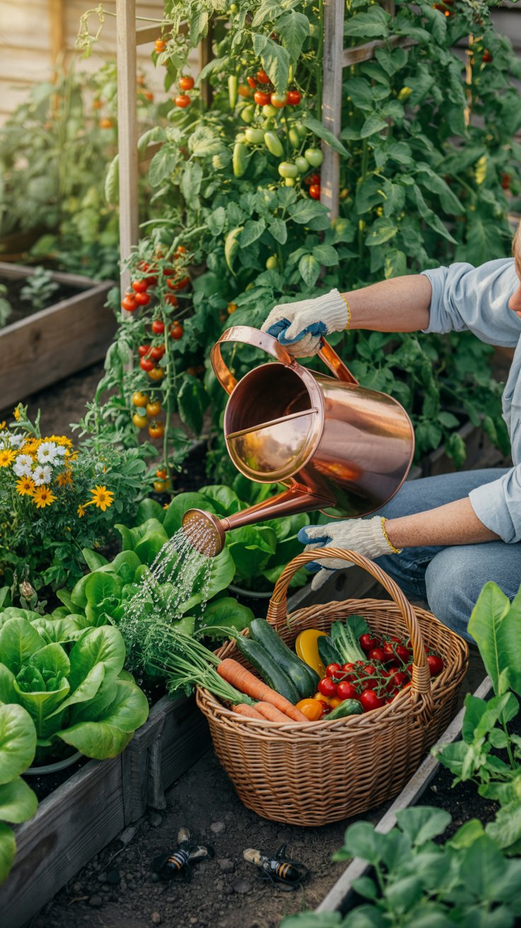 A thriving vegetable garden full of healthy green plants, a basket slowly filling with fresh vegetables, and you out there doing a quick check-in, watering, picking, and just enjoying the process as everything grows around you. 