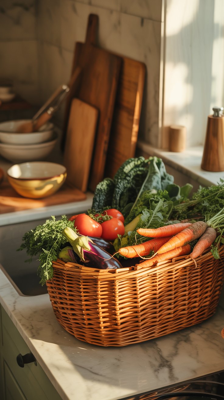 A basket filled with freshly picked vegetables sitting on a kitchen counter, sunlight coming through the window, and you getting ready to turn your harvest into a simple, homemade meal. 