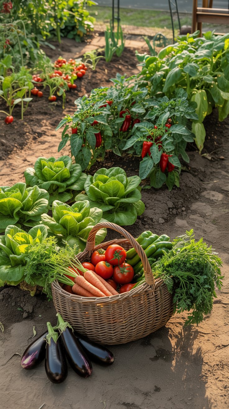 A thriving vegetable garden with healthy, well-spaced plants, rich soil, and a basket filled with freshly picked vegetables, everything growing strong and balanced as you move through your garden with confidence. 