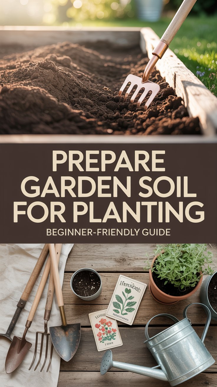 A split-layout Pinterest-style image featuring a cozy farmhouse garden theme. Top section shows a close-up of rich, freshly prepared dark soil in a rustic garden bed with a small hand rake and soft sunlight. Bottom section shows a styled homestead scene with gardening tools, seed packets, a watering can, and a small potted plant on a wooden surface. Neutral farmhouse color palette with soft creams, warm browns, and natural greens. Clean, bright, airy lighting, shallow depth of field, cozy country aesthetic, 