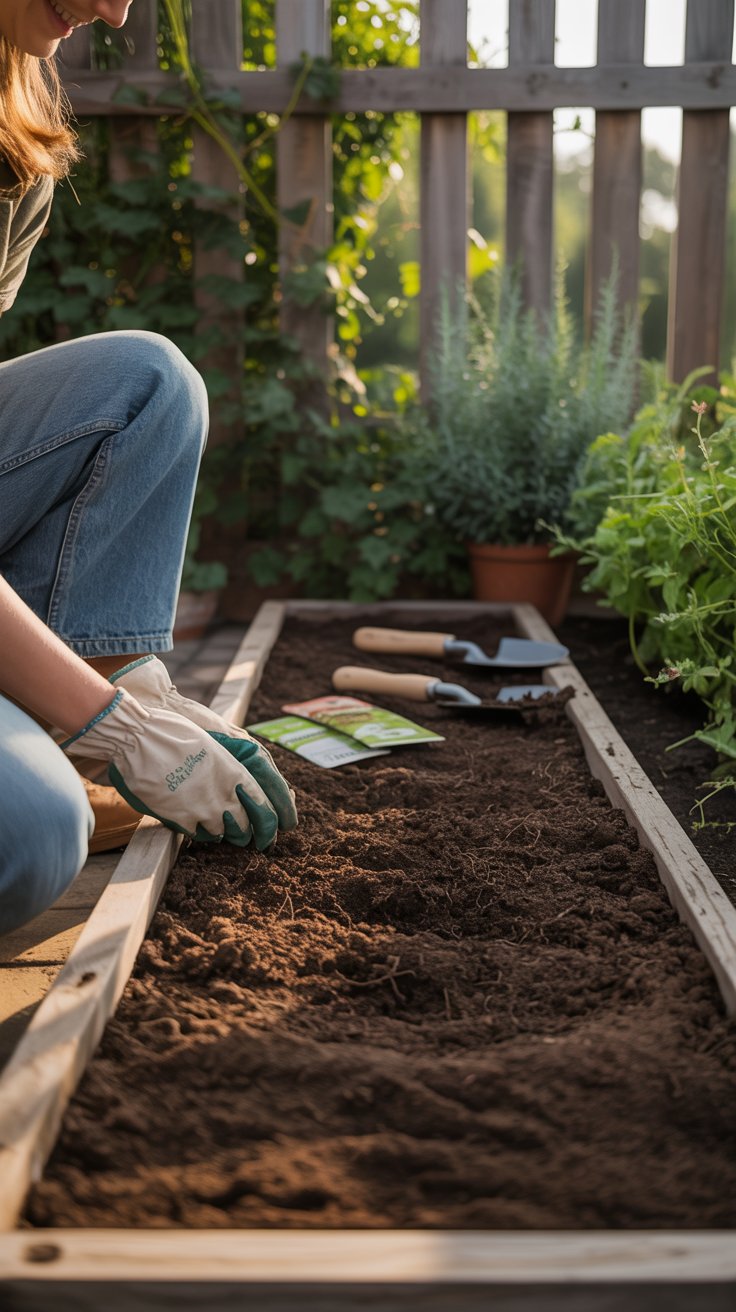 A cozy homestead garden scene showing a beginner gardener kneeling beside a small garden bed with rich soil.