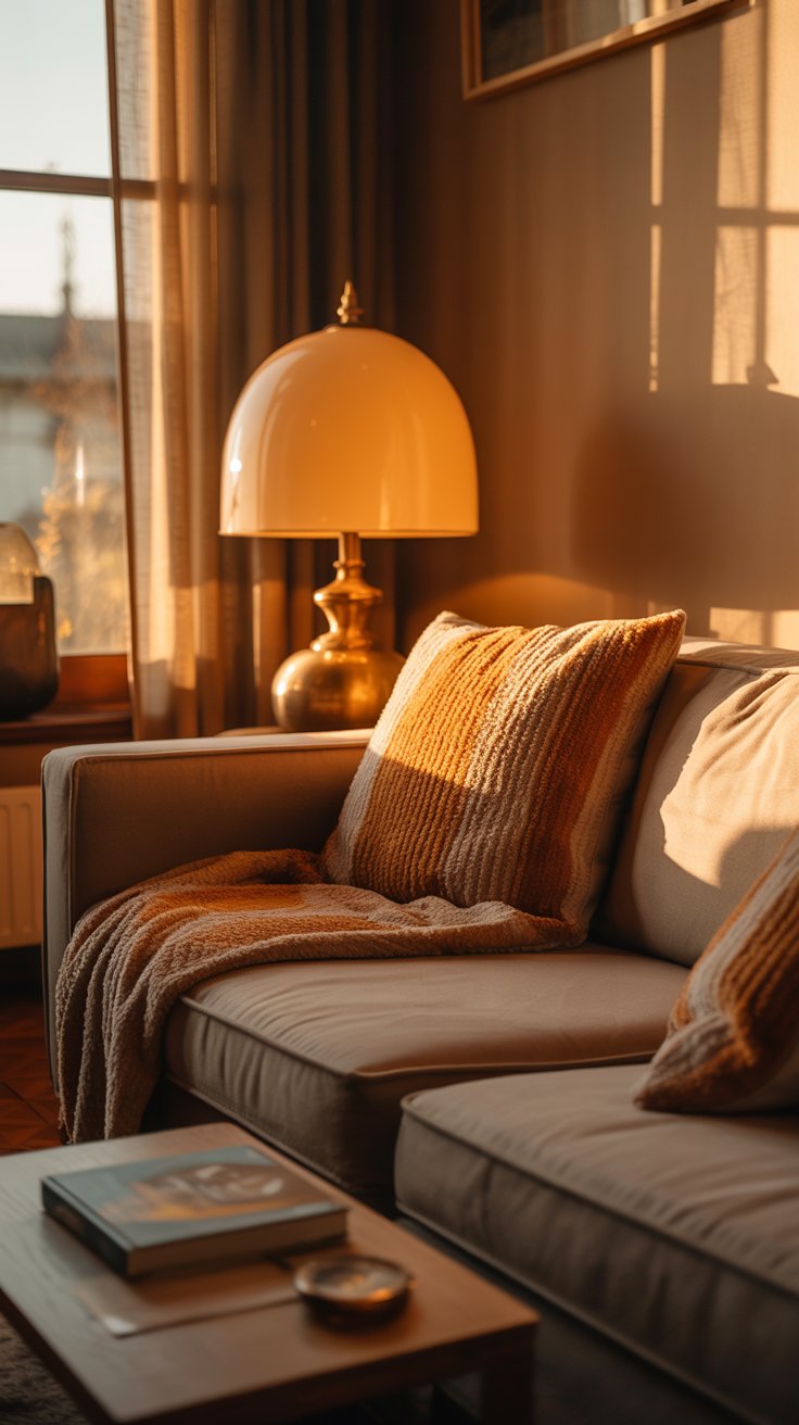 A softly lit living room in the evening, a warm lamp glowing in the corner, a cozy throw draped over the couch, and a quiet, peaceful feeling as you finally sit down and relax.