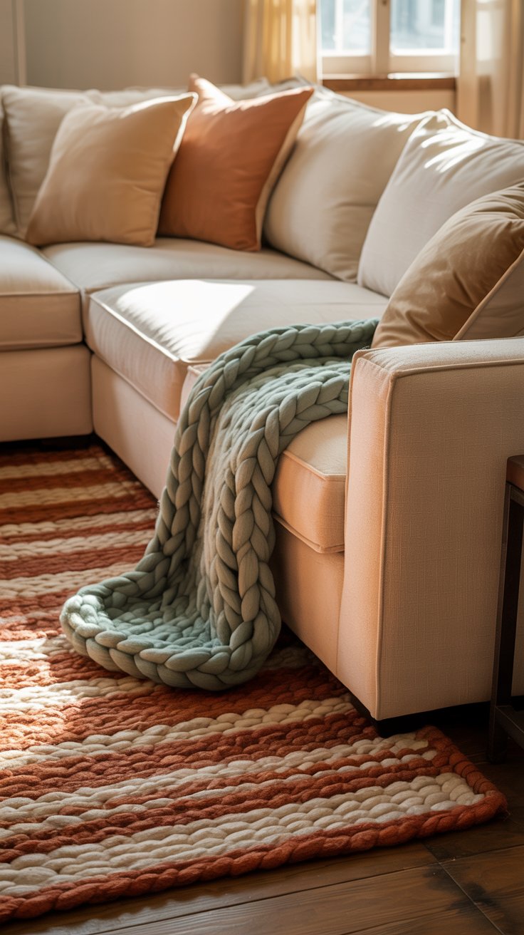 A comfortable couch with a soft throw draped over the arm, a couple of plush pillows, and a cozy rug under your feet that makes the whole space feel warm and inviting.