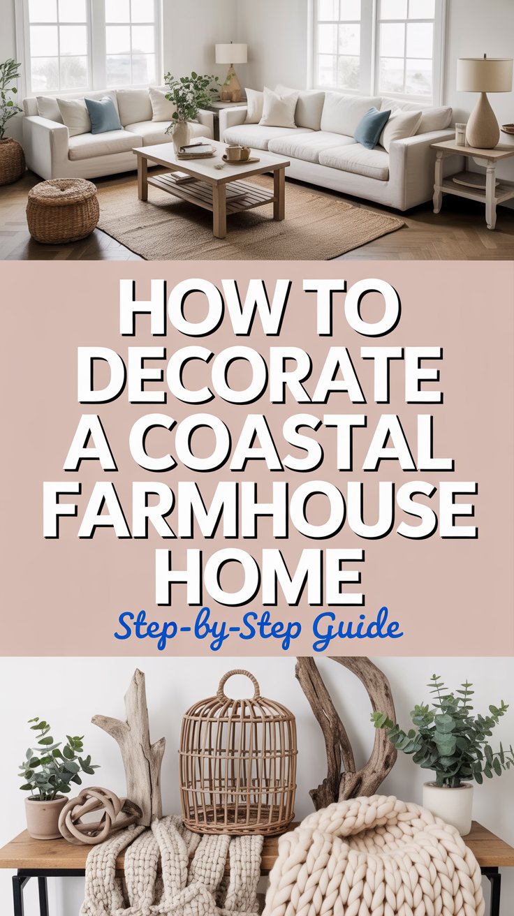 Learn how to decorate a coastal farmhouse home with this easy step-by-step guide. Discover how to blend coastal farmhouse decor, soft neutral color palettes, natural textures, and cozy farmhouse elements to create a light and airy space. Perfect for anyone looking for coastal decorating ideas, modern farmhouse style, and a warm, inviting home aesthetic.