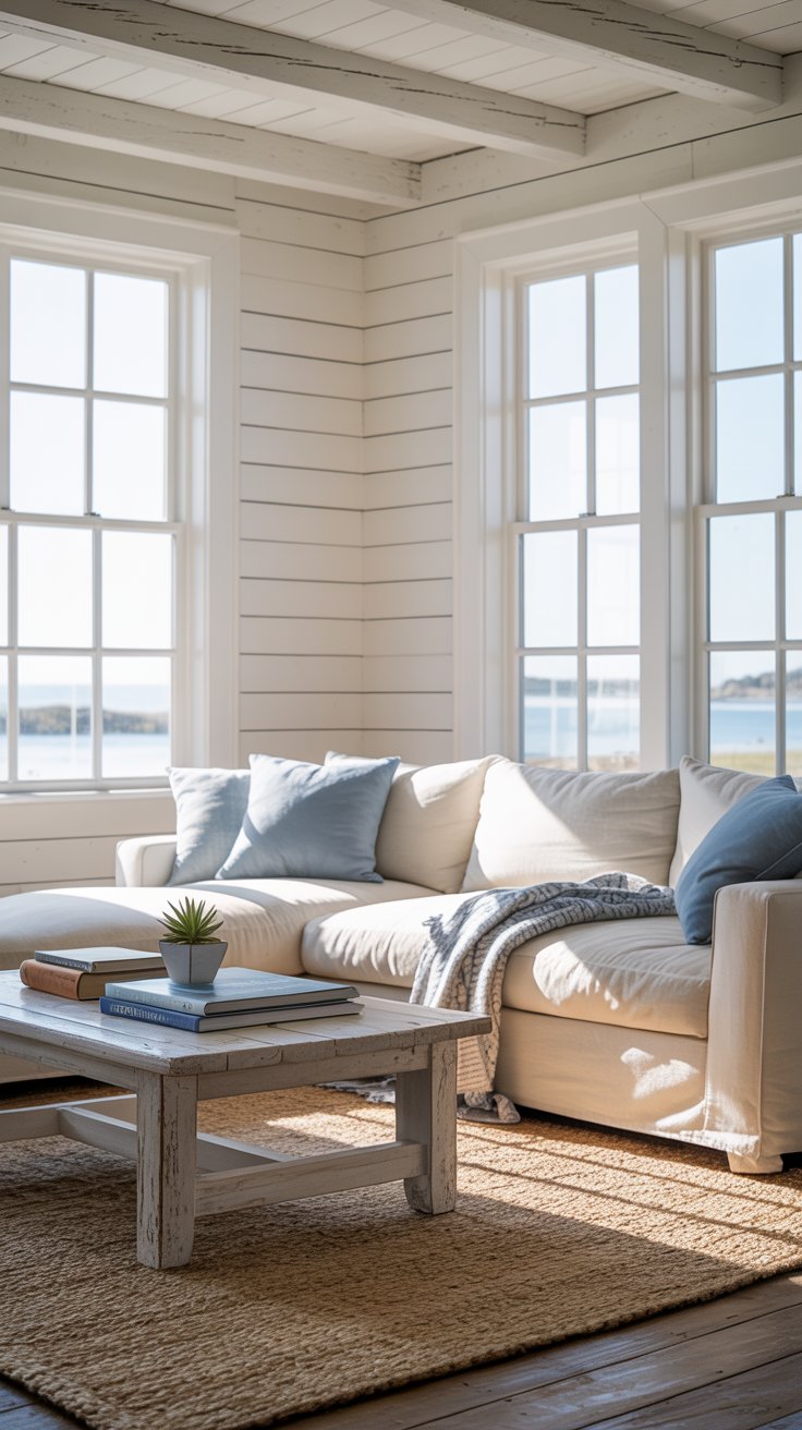 A bright and airy coastal farmhouse home interior showing a cosy living room with shiplap walls, linen furniture, a jute rug, and soft blue and white accents. Warm natural light throughout. Realistic editorial interior photography style.