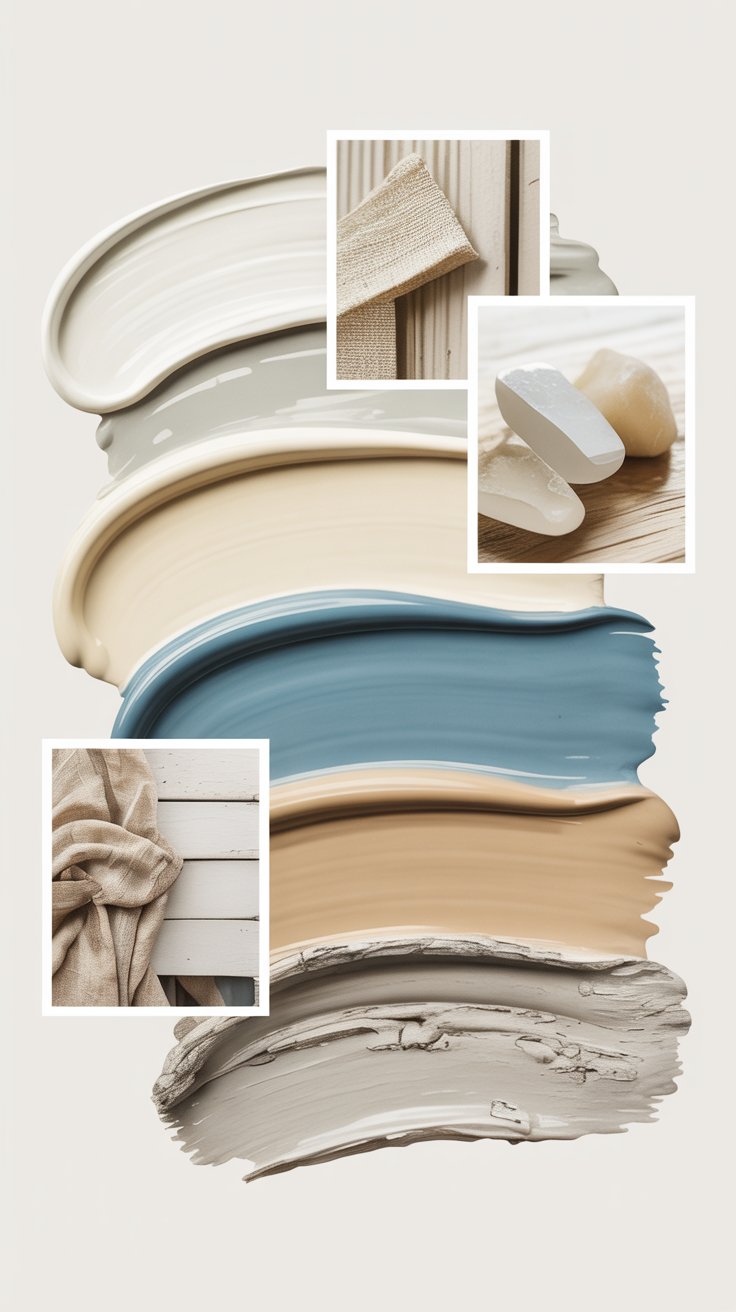 A coastal farmhouse colour palette mood board featuring warm whites, soft creams, ocean blues, sandy beige, and driftwood grey. Watercolour style swatches alongside small images of textured linen, shiplap wood, and sea glass. Clean, light background.