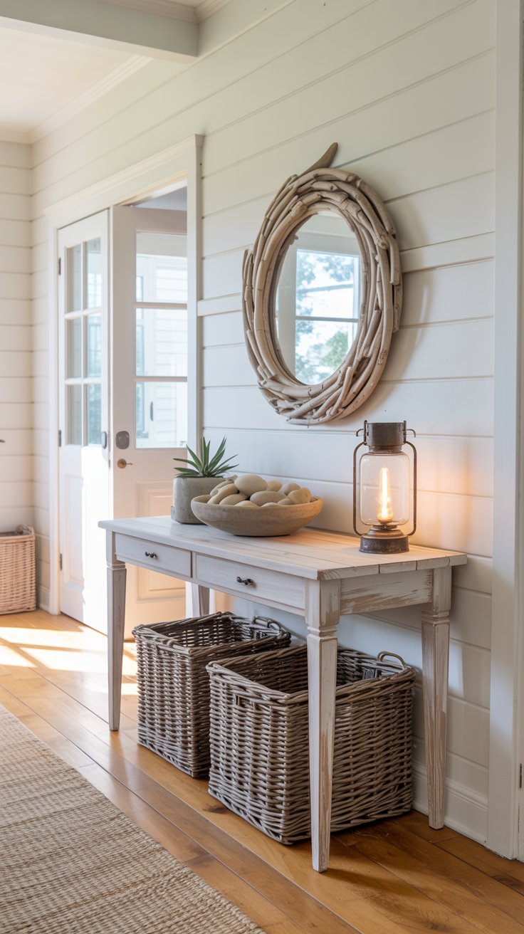 A bright coastal farmhouse entryway with a whitewashed wood console table, a round driftwood-framed mirror above it, a jute rug on light hardwood floors, woven baskets underneath, and simple coastal decor accents. Welcoming and airy. Realistic interior photography.