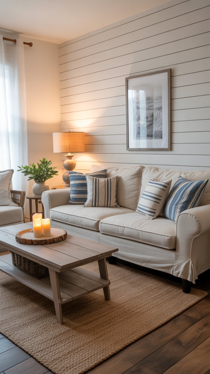 A cosy coastal farmhouse living room with a white shiplap accent wall, a cream linen sofa with blue and white striped throw pillows, a jute rug, a weathered wood coffee table with candles, and warm layered lighting.