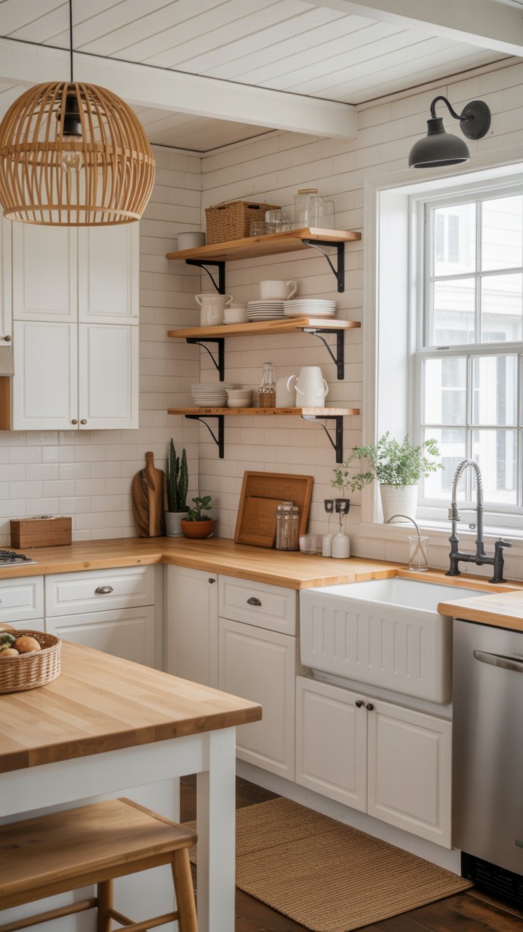 A bright coastal farmhouse kitchen with white shaker cabinets, open wood shelving styled with white dishes and small plants, a farmhouse apron sink, rattan pendant lighting above the island, and a butcher block countertop element. Warm natural light. Realistic editorial interior photography.