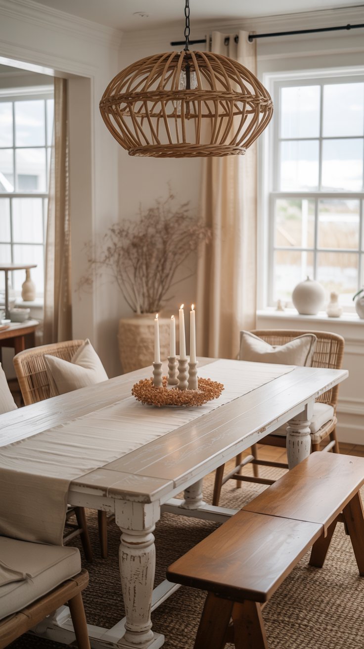 A warm coastal farmhouse dining room with a large whitewashed wood farmhouse table, mixed wood and upholstered bench seating, a woven rattan chandelier overhead, a linen table runner, and a simple centrepiece of candles and dried stems. Soft natural light. Realistic editorial interior photography.