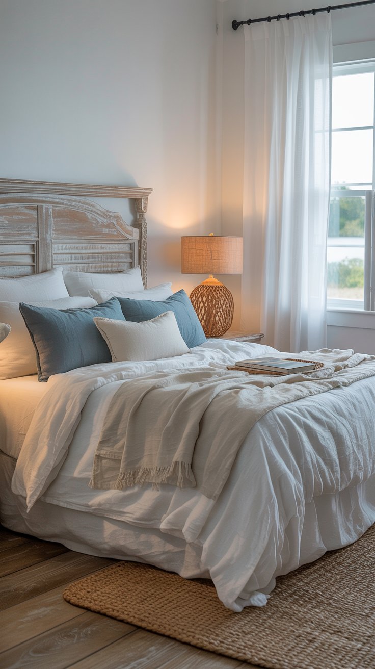 A serene coastal farmhouse bedroom with a whitewashed wood headboard, layered white linen bedding, soft blue and cream throw pillows, sheer curtains letting in soft morning light, a rattan lamp on the nightstand, and a jute rug on hardwood floors. Calm and airy. Realistic interior photography.