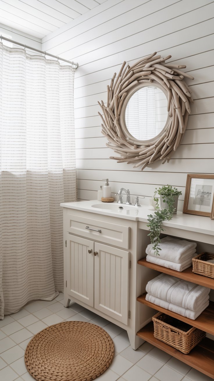A small but beautiful coastal farmhouse bathroom with white shiplap walls, a round driftwood mirror above a white vanity, neatly folded white towels on open wooden shelving, a woven bath mat, a linen stripe shower curtain, and a small trailing plant on the counter. Soft and airy. Realistic interior photography.
