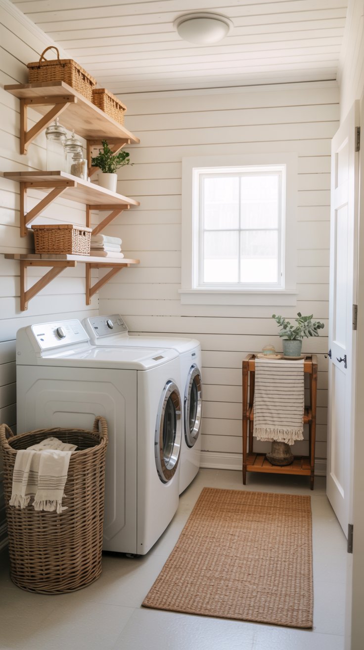 A charming coastal farmhouse laundry room with white shiplap walls, open wood shelving above the washer and dryer styled with glass canisters and a small plant, a woven rattan hamper, a cotton runner rug on light floors, and soft natural light through a small window. Clean and cheerful. Realistic interior photography.