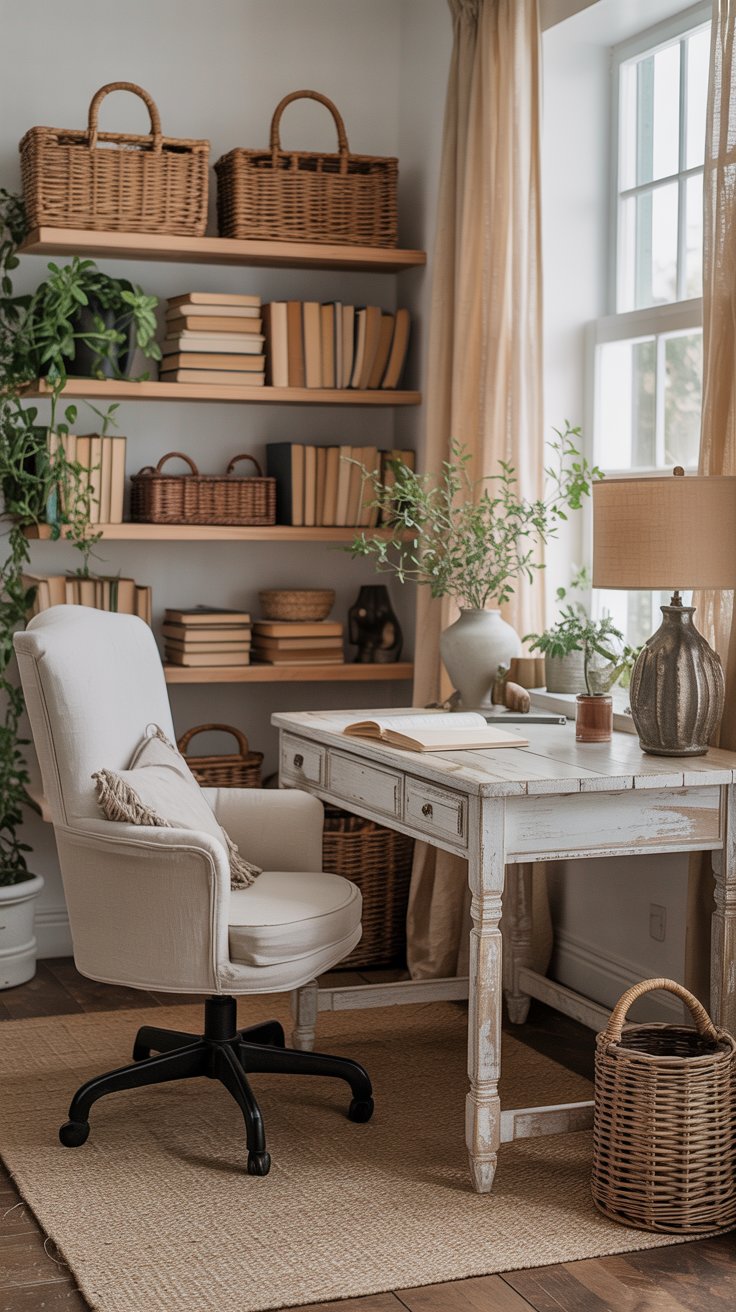 A calm and beautiful coastal farmhouse home office with a whitewashed wood desk, a linen upholstered chair, open wood shelving styled with books, plants, and woven baskets, sheer curtains at the window, and soft warm natural light. Peaceful and inspiring. Realistic editorial interior photography.