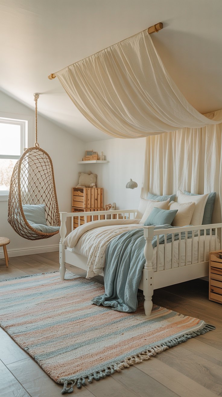 A sweet coastal farmhouse kids bedroom with a white wood bed frame, a soft white canopy overhead, layered cream and soft blue bedding, a woven rope hammock chair in the corner, wooden toy crates for storage, and a soft washable rug on light hardwood floors. Playful and calm. Realistic interior photography.