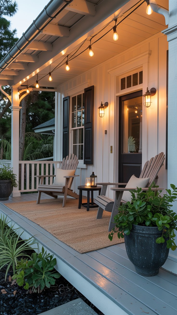 A charming coastal farmhouse front porch with white wood railings, two Adirondack chairs with neutral cushions, a natural fibre rug, black lanterns beside the front door, large planters overflowing with greenery, and warm Edison string lights overhead at dusk. Welcoming and beautiful. Realistic exterior photography.