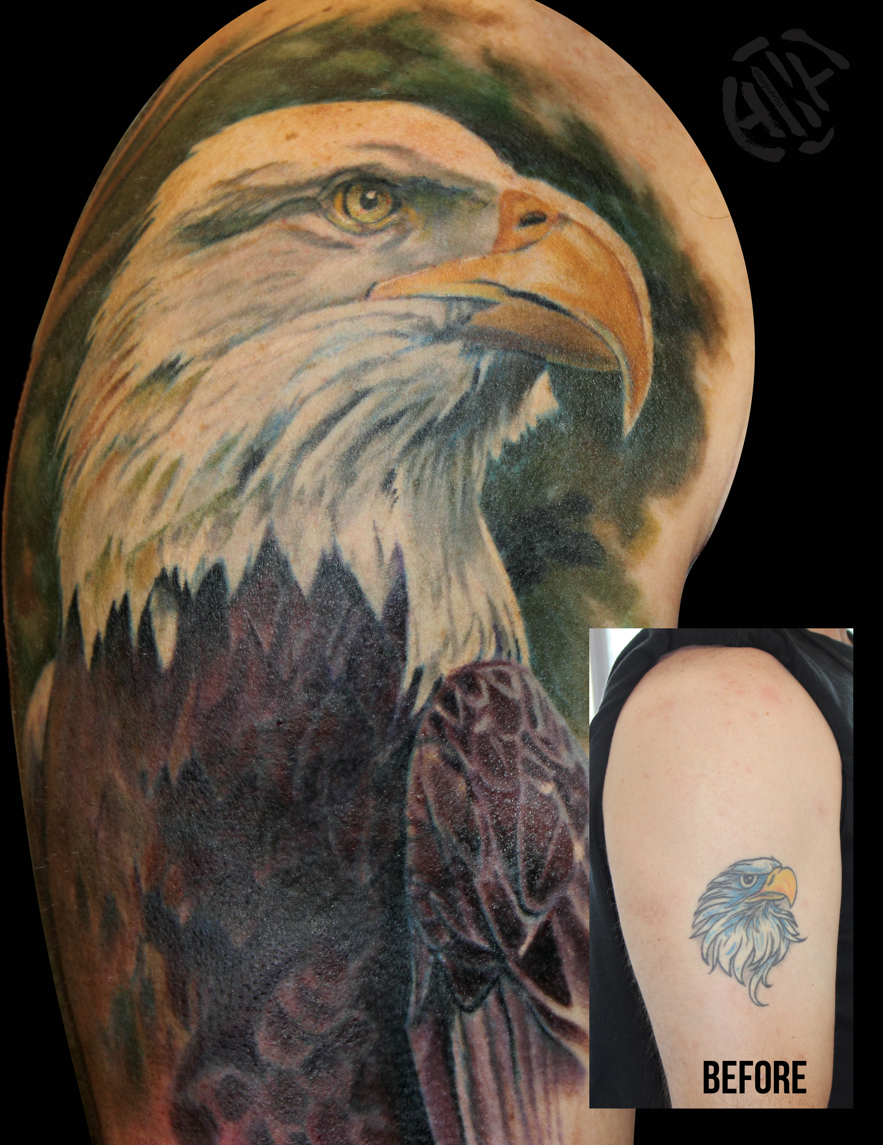 A Bald Eagle Cover up tattoo over a small bald eagle tattoo, by Biagio Pagliarulo
