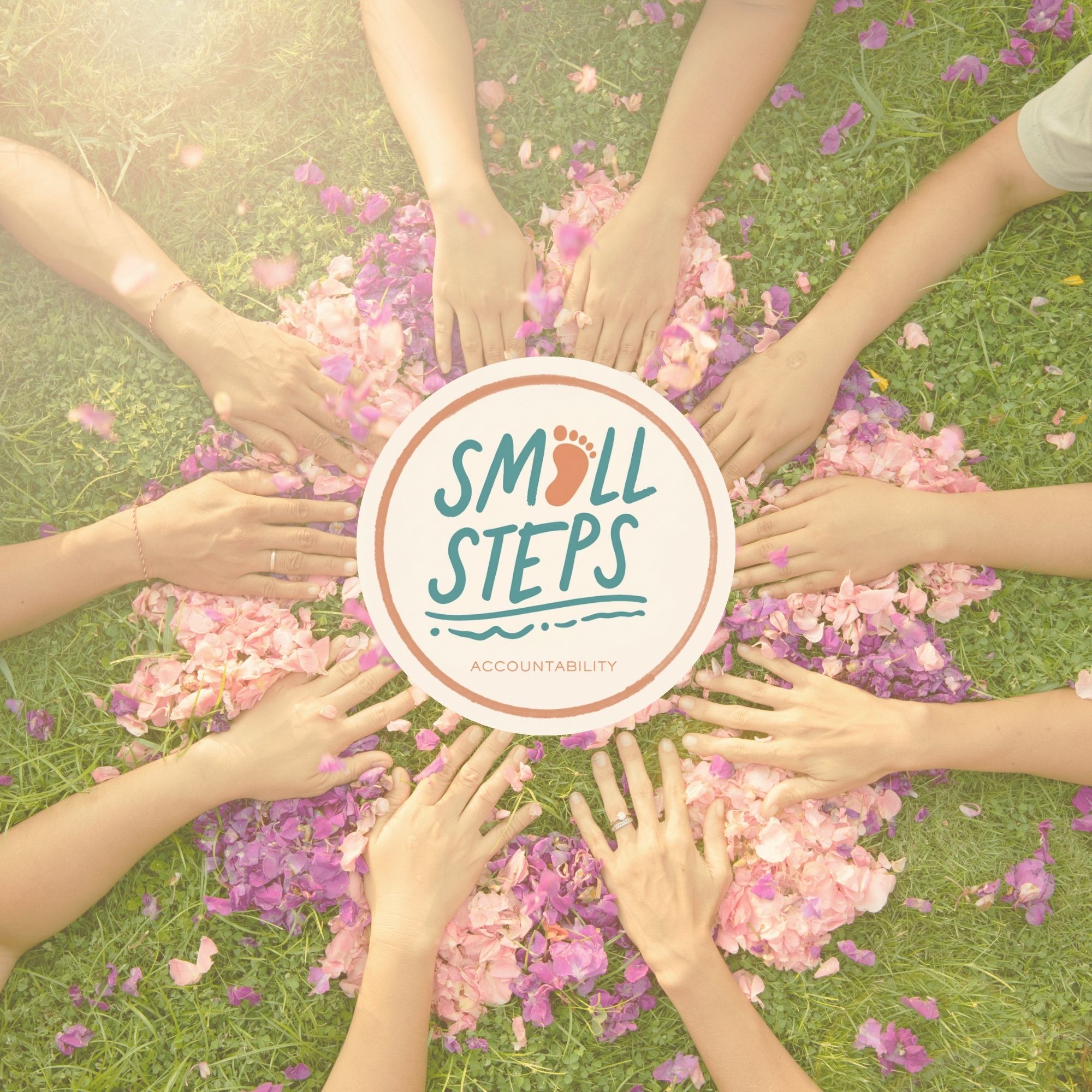 circle of flowers and hands with the small steps logo in the middle