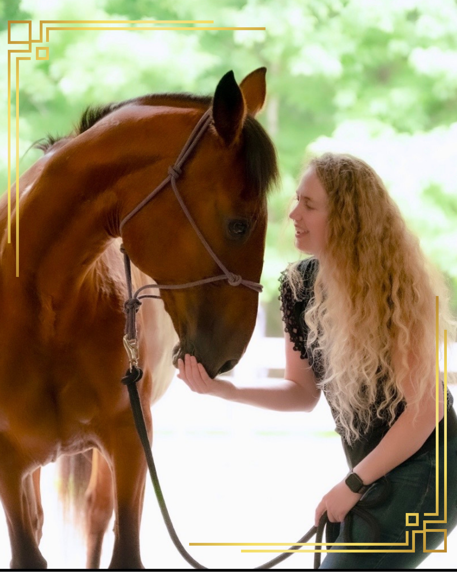 A quiet, tender moment of a person resting close to a horse, hands gentle against its neck in warm evening light