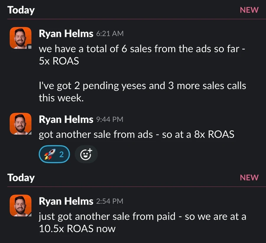 Client reports scaling from 5x to 10.5x ROAS on ads