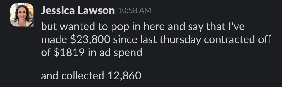 Jessica Lawson reports $23,800 contracted on $1,819 in ad spend