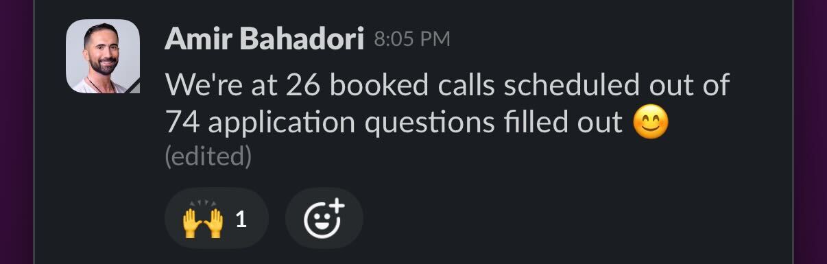 Client reports 26 booked calls from 74 completed applications
