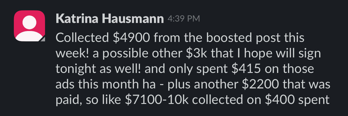 Katrina Hausmann reports $7,100 to $10K collected on $400 of ad spend