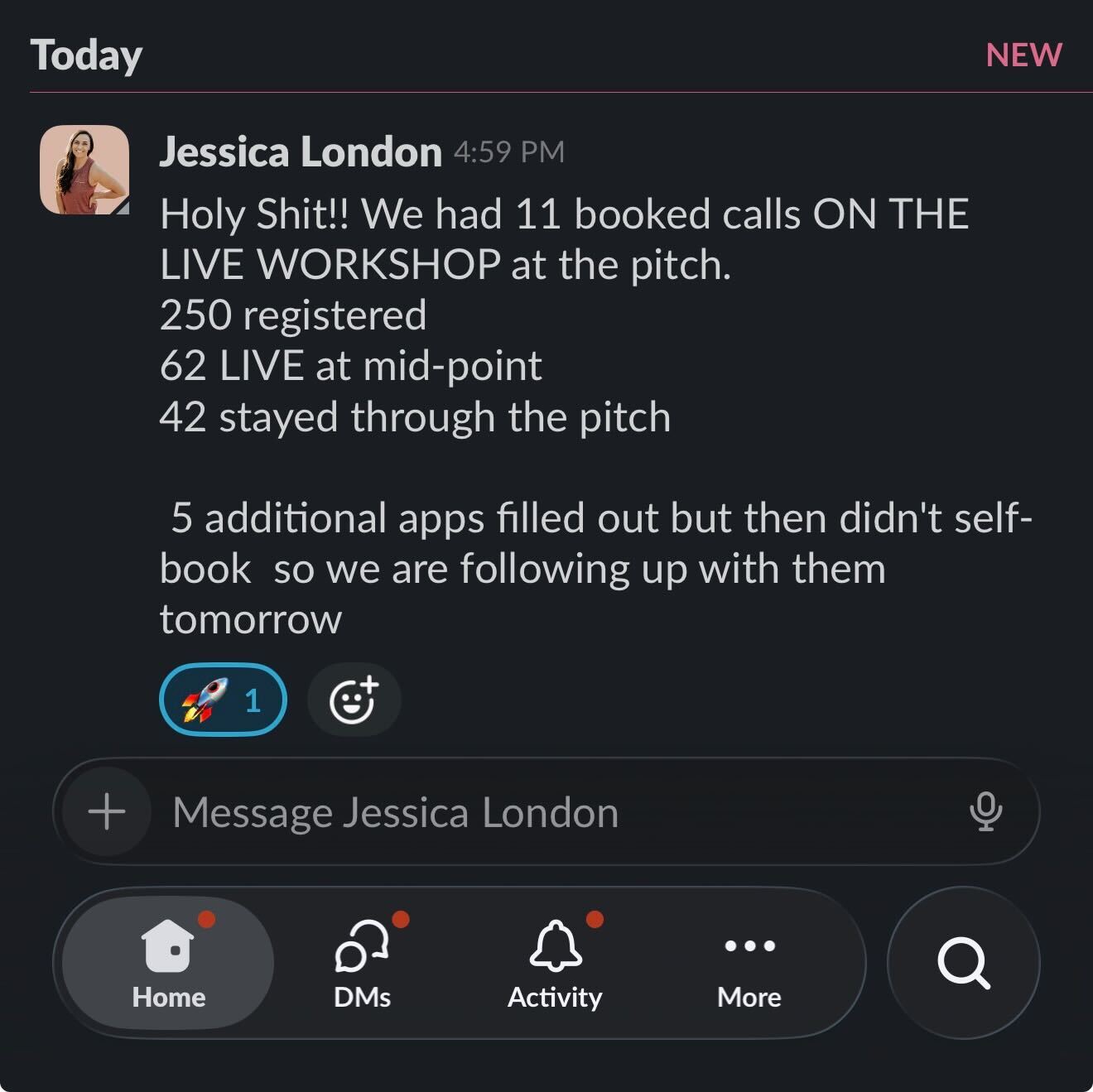 Client reports 11 booked calls from a live workshop with 250 registered
